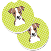 "Caroline's Treasures Checkerboard Lime green Jack Russell Terrier Set of 2 Cup Holder Car Coasters BB1322CARC, 2.56, Multicolor"