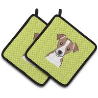 "Caroline's Treasures Checkerboard Lime green Jack Russell Terrier Pair of Pot Holders BB1322PTHD, 7.5HX7.5W, Multicolor"