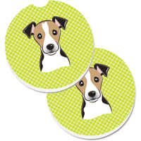 "Caroline's Treasures Checkerboard Lime green Jack Russell Terrier Set of 2 Cup Holder Car Coasters BB1323CARC, 2.56, Multicolor"