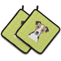 "Caroline's Treasures Checkerboard Lime green Jack Russell Terrier Pair of Pot Holders BB1323PTHD, 7.5HX7.5W, Multicolor"