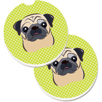 "Caroline's Treasures Checkerboard Lime green Fawn Pug Set of 2 Cup Holder Car Coasters BB1324CARC, 2.56, Multicolor"