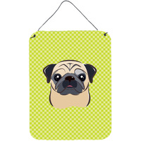 "Caroline's Treasures Checkerboard Lime Green Fawn Pug Wall or Door Hanging Prints, 16"" x 12"""