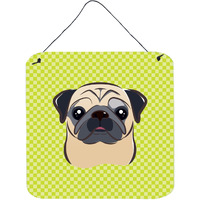 "Caroline's Treasures Checkerboard Lime Green Fawn Pug Wall or Door Hanging Prints, 6 x 6"""
