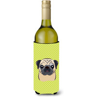Checkerboard Lime Green Fawn Pug Wine Bottle Beverage Insulator Hugger BB1324LITERK