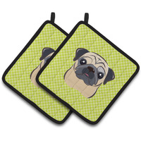 "Caroline's Treasures Checkerboard Lime green Fawn Pug Pair of Pot Holders BB1324PTHD, 7.5HX7.5W, Multicolor"
