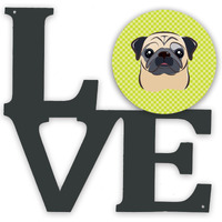 "Caroline's Treasures Checkerboard Lime Green Fawn Pug Metal Artwork Love wall-decor, Multicolor"