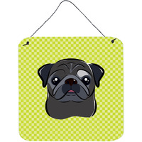 "Caroline's Treasures Checkerboard Lime Green Black Pug Wall or Door Hanging Prints, 6 x 6"""