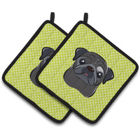 "Caroline's Treasures Checkerboard Lime green black Pug Pair of Pot Holders BB1325PTHD, 7.5HX7.5W, Multicolor"