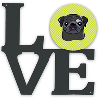 "Caroline's Treasures Checkerboard Lime Green Black Pug Metal Artwork Love wall-decor, Multicolor"