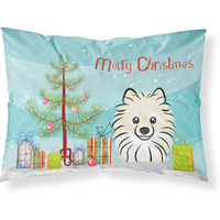 "Caroline's Treasures BB1579PILLOWCASE Christmas Tree And Pomeranian Fabric Standard Pillowcase, Large, Multicolor"