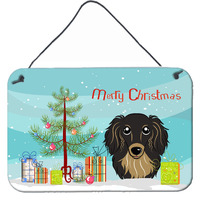 "Caroline's Treasures Christmas Tree and Longhair Black and Tan Dachshund Wall or Door Hanging Prints BB1585DS812, 8HX12W"