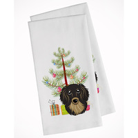 Christmas Tree and Longhair Black and Tan Dachshund White Kitchen Towel Set of 2