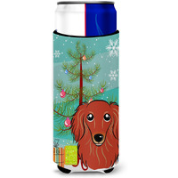 "Caroline's Treasures Christmas Tree and Longhair Red Dachshund Michelob Ultra Koozies for Slim Cans, Multicolor"