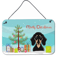 "Caroline's Treasures Christmas Tree and Smooth Black and Tan Dachshund Wall or Door Hanging Prints BB1587DS812, 8HX12W"