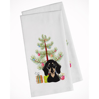 Christmas Tree and Smooth Black and Tan Dachshund White Kitchen Towel Set of 2