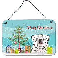 "Caroline's Treasures Christmas Tree and White English Bulldog Wall or Door Hanging Prints BB1592DS812, 8HX12W, Multicolor"