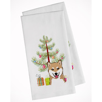 Christmas Tree and Shiba Inu White Kitchen Towel Set of 2