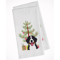 Christmas Tree and Bernese Mountain Dog White Kitchen Towel Set of 2