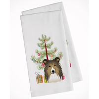 Christmas Tree and Sheltie White Kitchen Towel Set of 2