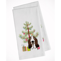 Christmas Tree and Basset Hound White Kitchen Towel Set of 2