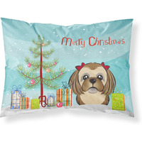 "Caroline's Treasures BB1621PILLOWCASE Christmas Tree And Chocolate Brown Shih Tzu Fabric Standard Pillowcase, Large, Multicolor"