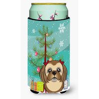 "Caroline's Treasures Christmas Tree and Chocolate Brown Shih Tzu Tall Boy Koozie Hugger, Multicolor"