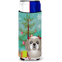 "Caroline's Treasures Christmas Tree and Gray Silver Shih Tzu Michelob Ultra Koozies for Slim Cans, Multicolor"