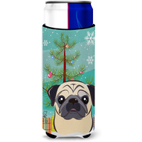 "Caroline's Treasures Christmas Tree and Fawn Pug Michelob Ultra Koozies for Slim Cans, Multicolor"