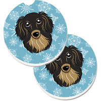 "Caroline's Treasures Snowflake Longhair black & Tan Dachshund Set of 2 Cup Holder Car Coasters BB1647CARC, 2.56, Multicolor"