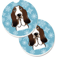 "Caroline's Treasures Snowflake Basset Hound Set of 2 Cup Holder Car Coasters BB1677CARC, 2.56, Multicolor"
