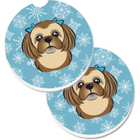 "Caroline's Treasures Snowflake Chocolate Brown Shih Tzu Set of 2 Cup Holder Car Coasters BB1683CARC, 2.56, Multicolor"