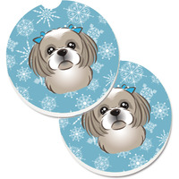 "Caroline's Treasures Snowflake Gray Silver Shih Tzu Set of 2 Cup Holder Car Coasters BB1684CARC, 2.56, Multicolor"