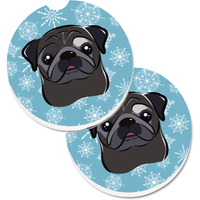 "Caroline's Treasures Snowflake black Pug Set of 2 Cup Holder Car Coasters BB1697CARC, 2.56, Multicolor"
