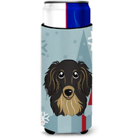 "Caroline's Treasures Winter Holiday Longhair Black and Tan Dachshund Michelob Ultra Koozies for Slim Cans, Multicolor"