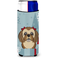"Caroline's Treasures Winter Holiday Chocolate Brown Shih Tzu Michelob Ultra Koozies for Slim Cans, Multicolor"