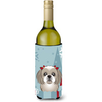 "Caroline's Treasures Winter Holiday Gray Silver Shih Tzu Wine Bottle Koozie Hugger, 750 ml, Multicolor"