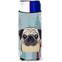 "Caroline's Treasures Winter Holiday Fawn Pug Michelob Ultra Koozies for Slim Cans, Multicolor"