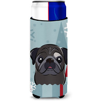 "Caroline's Treasures Winter Holiday Black Pug Michelob Ultra Koozies for Slim Cans, Multicolor"