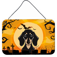 "Caroline's Treasures Halloween Smooth Black and Tan Dachshund Wall or Door Hanging Prints BB1773DS812, 8HX12W, Multicolor"