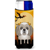 "Caroline's Treasures Halloween Gray Silver Shih Tzu Michelob Ultra Koozies for Slim Cans, Multicolor"