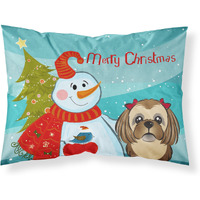 "Caroline's Treasures BB1869PILLOWCASE Snowman with Chocolate Brown Shih Tzu Fabric Standard Pillowcase, Large, Multicolor"