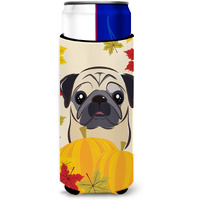 "Caroline's Treasures BB2068MUK ""Fawn Pug Thanksgiving Michelob Ultra Koozies for Slim Cans, Multicolor"