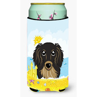 "Caroline's Treasures BB2081TBC ""Longhair Black and Tan Dachshund Summer Beach"" Tall Boy Hugger Koozie, Multicolor"