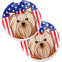 "Caroline's Treasures American Flag & Yorkie Yorkishire Terrier Set of 2 Cup Holder Car Coasters BB2134CARC, 2.56, Multicolor"