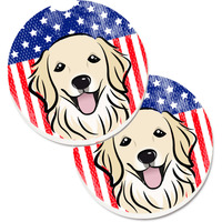 "Caroline's Treasures American Flag & Golden Retriever Set of 2 Cup Holder Car Coasters BB2135CARC, 2.56, Multicolor"