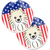 "Caroline's Treasures American Flag & Pomeranian Set of 2 Cup Holder Car Coasters BB2137CARC, 2.56, Multicolor"