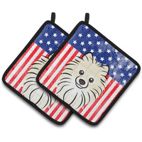"Caroline's Treasures American Flag & Pomeranian Pair of Pot Holders BB2137PTHD, 7.5HX7.5W, Multicolor"