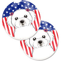 "Caroline's Treasures American Flag & Maltese Set of 2 Cup Holder Car Coasters BB2138CARC, 2.56, Multicolor"