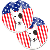 "Caroline's Treasures American Flag & Bull Terrier Set of 2 Cup Holder Car Coasters BB2139CARC, 2.56, Multicolor"