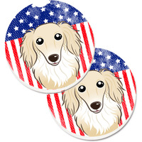 "Caroline's Treasures American Flag & Longhair Creme Dachshund Set of 2 Cup Holder Car Coasters BB2142CARC, 2.56, Multicolor"